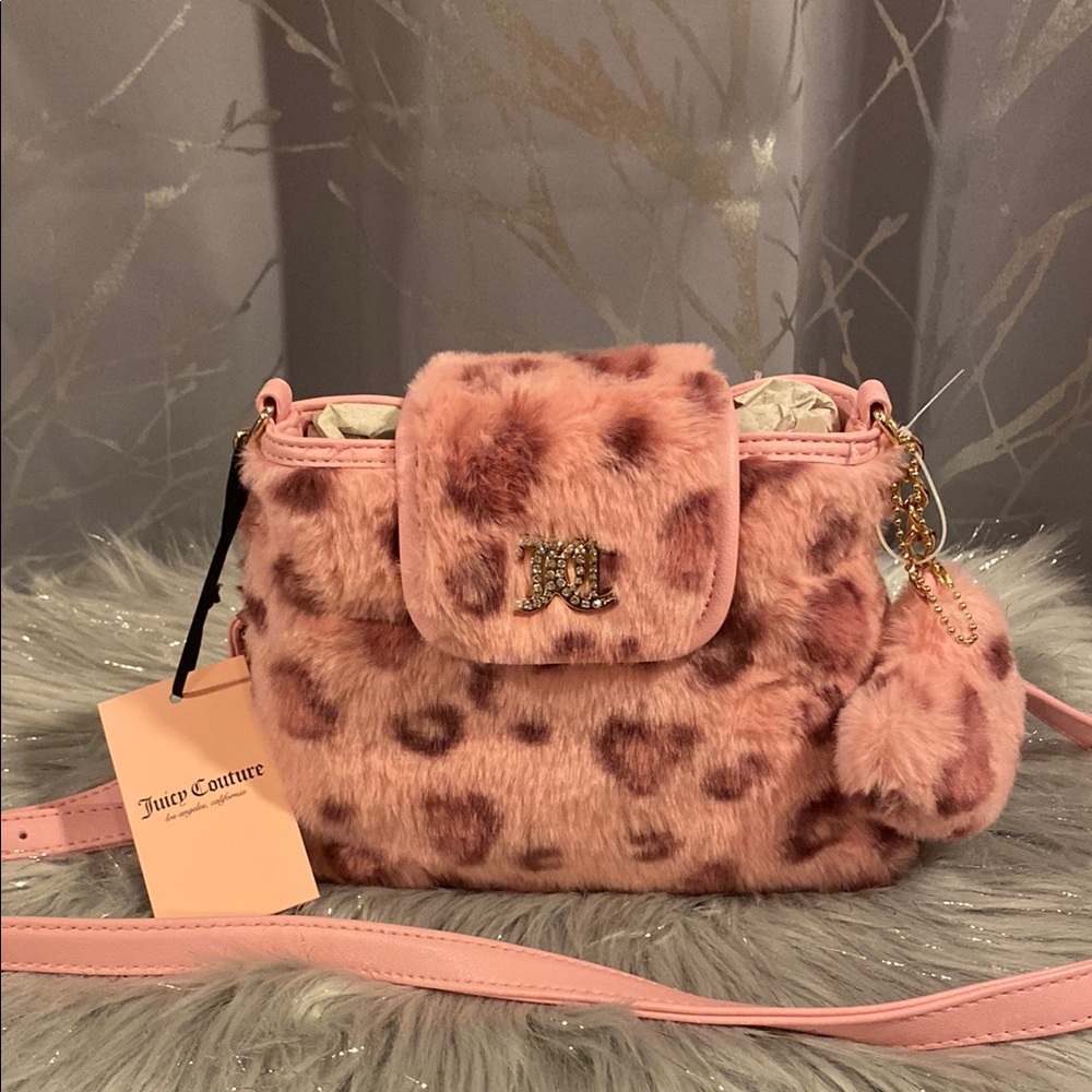 BNWT JUICY COUTURE Pink Leopard Laugh Love Juicy Furry Crossbody Bag
